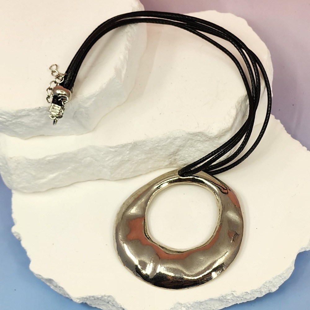 Silver Tone Open Circle Pendant Black Multi Cord Necklace Y2K Statement Modern